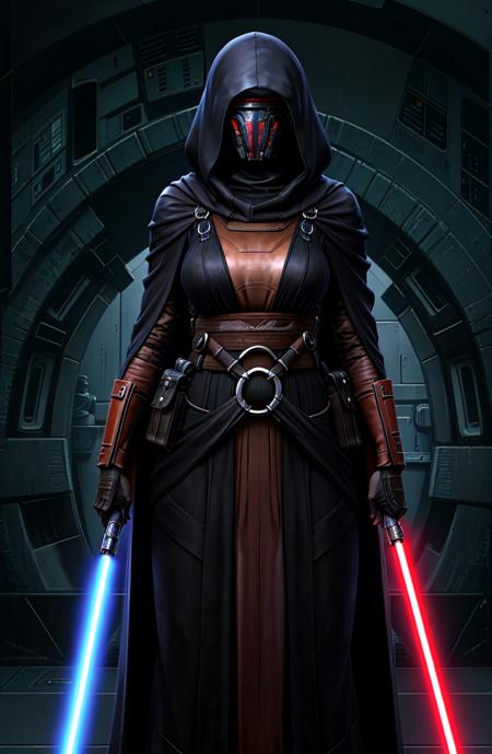 14553-1407602072-1girl, cowboy shot, Revan Raiment, black robes, star wars,   standing, mask,_detailed background, lightsaber,.png